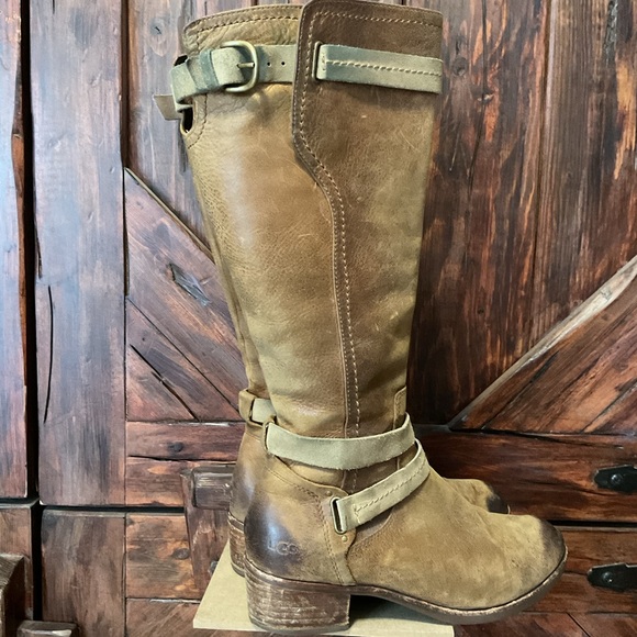 UGG AUSTRALIA DARCIE DISTRESSED HEAVY LEATHER SIDE ZIP TALL RIDING BOOT 8.5 - Picture 2 of 12